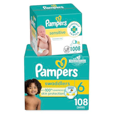 BAIBI WISE Pampers Swaddlers Disposable Baby Diapers Size 3, 168 Count with Sensitive Water Based Baby Wipes 12 Flip-Top Packs (1008 Wipes Total)