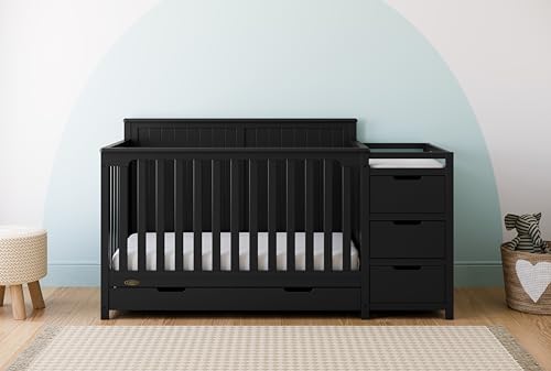 Baibi Wise 5-in-1 Convertible Crib with Drawer (Pebble Gray) – GREENGUARD Gold Certified, Crib with Drawer Combo, Full-Size Nursery Storage Drawer, Converts to Toddler Bed, Daybed