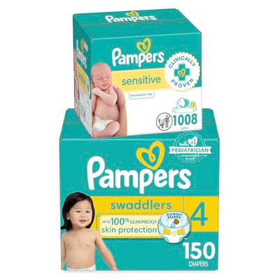 BAIBI WISE Pampers Swaddlers Disposable Baby Diapers Size 3, 168 Count with Sensitive Water Based Baby Wipes 12 Flip-Top Packs (1008 Wipes Total)