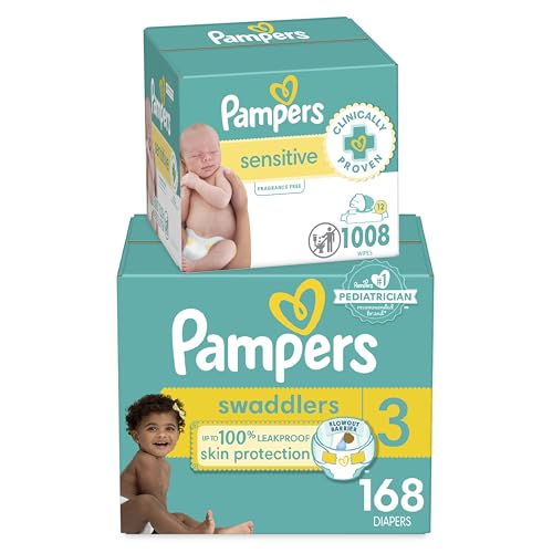 BAIBI WISE Pampers Swaddlers Disposable Baby Diapers Size 3, 168 Count with Sensitive Water Based Baby Wipes 12 Flip-Top Packs (1008 Wipes Total)