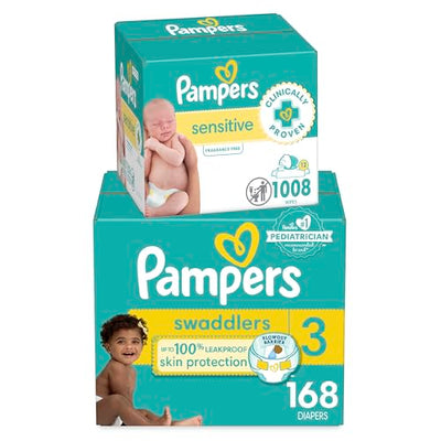 BAIBI WISE Pampers Swaddlers Disposable Baby Diapers Size 3, 168 Count with Sensitive Water Based Baby Wipes 12 Flip-Top Packs (1008 Wipes Total)