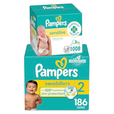 BAIBI WISE Pampers Swaddlers Disposable Baby Diapers Size 3, 168 Count with Sensitive Water Based Baby Wipes 12 Flip-Top Packs (1008 Wipes Total)