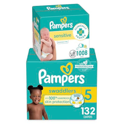 BAIBI WISE Pampers Swaddlers Disposable Baby Diapers Size 3, 168 Count with Sensitive Water Based Baby Wipes 12 Flip-Top Packs (1008 Wipes Total)