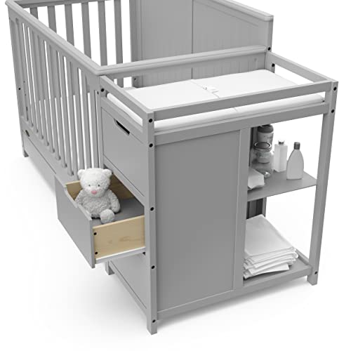 Baibi Wise 5-in-1 Convertible Crib with Drawer (Pebble Gray) – GREENGUARD Gold Certified, Crib with Drawer Combo, Full-Size Nursery Storage Drawer, Converts to Toddler Bed, Daybed