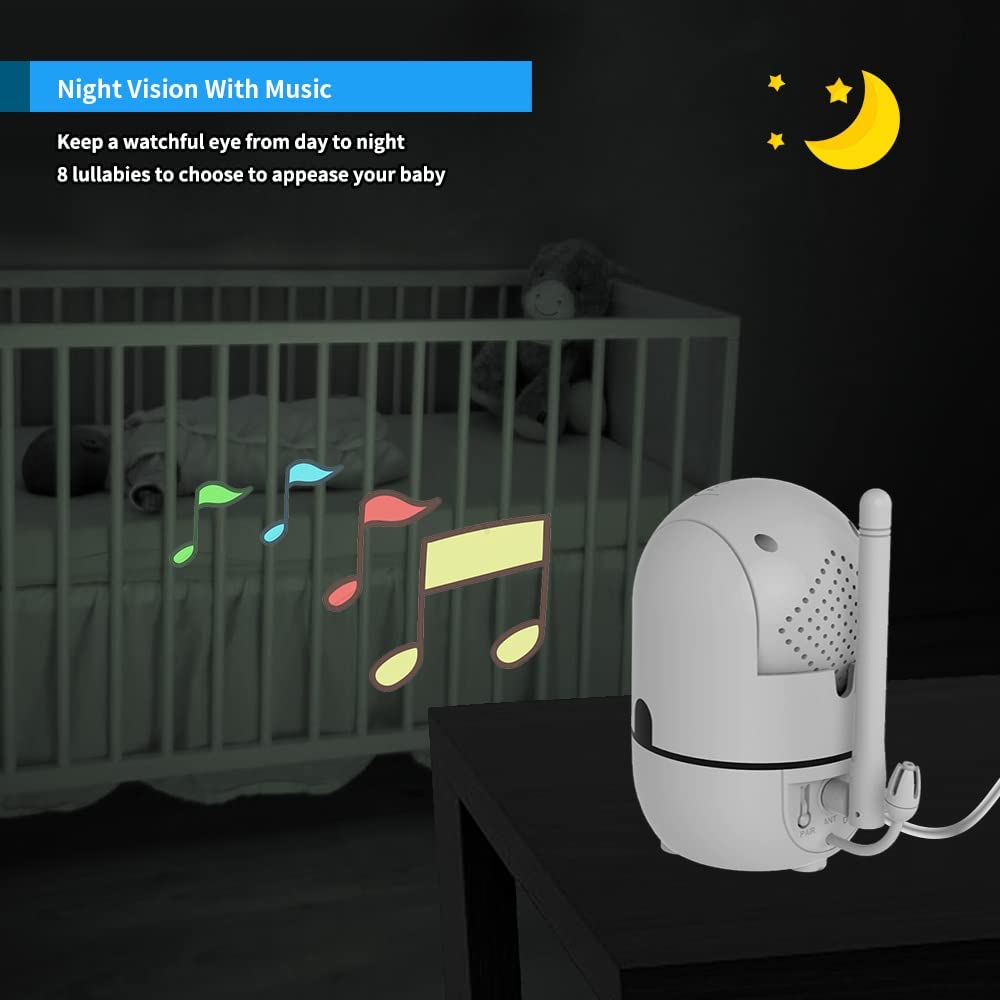 BAIBI WISE  Upgrade Baby Monitor, 5'' Screen with 30-Hour Battery, Pan-Tilt-Zoom Video Baby Monitor with Camera and Audio No WiFi, Night Vision, VOX, 2-Way Talk, 8 Lullabies and 1000ft Range