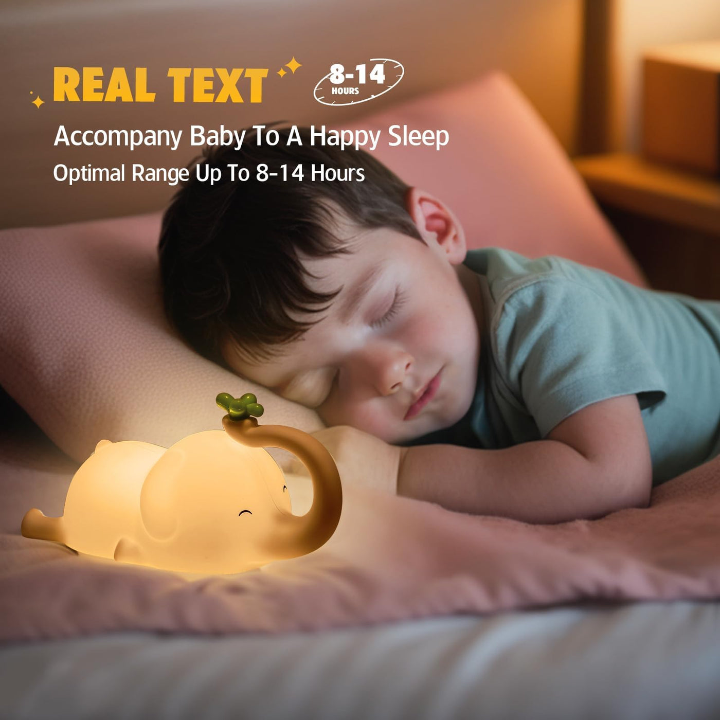 Baibi Wise Silicone Elephant Night Light for Kids - 3-Level Dimmable & Rechargeable LED Lamp, Touch Control Soft Animal Light for Nursery, Baby Room Decor