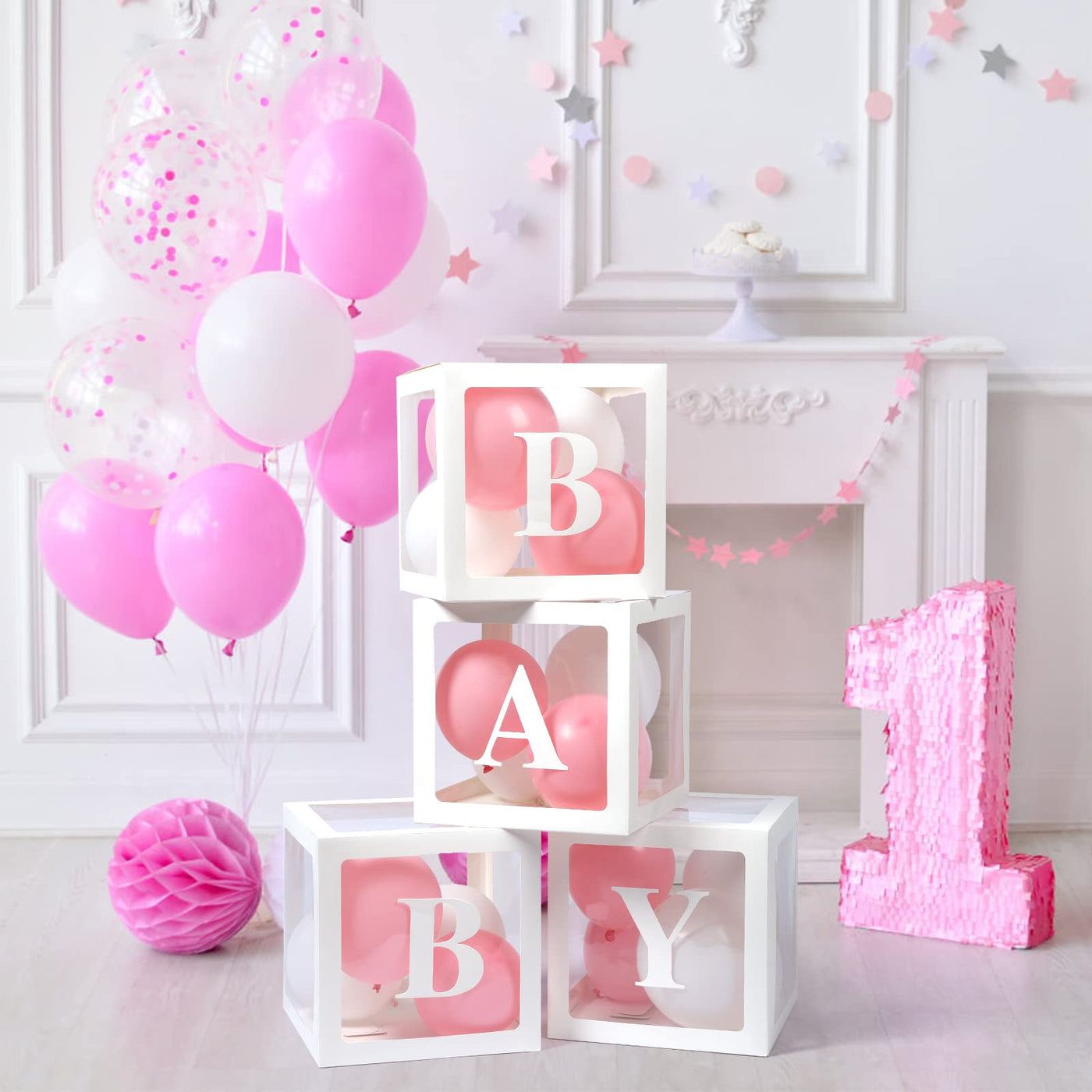 Baibi Wise Baby Boxes with Letters, 4 Transparent Balloon for Gender Reveal Birthday Wedding Baby Shower Decorations (White)