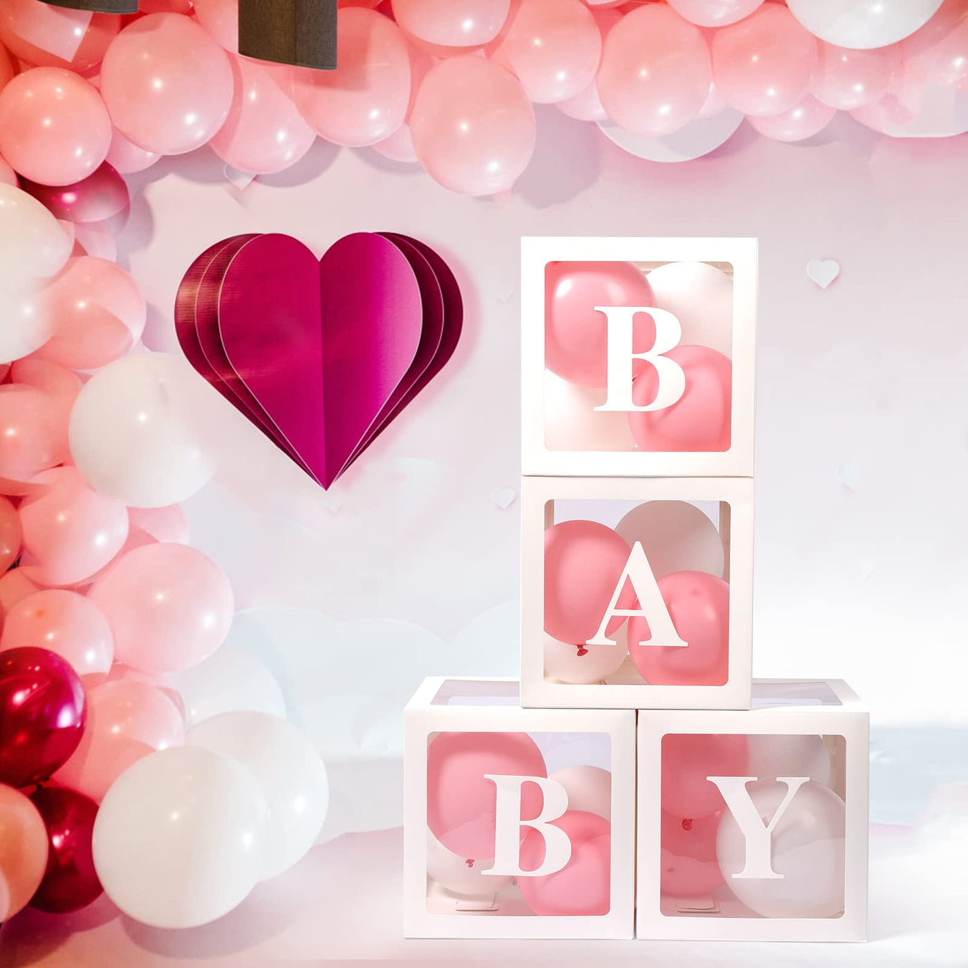 Baibi Wise Baby Boxes with Letters, 4 Transparent Balloon for Gender Reveal Birthday Wedding Baby Shower Decorations (White)