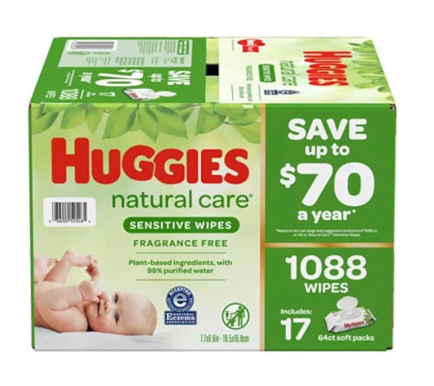 Baibi Wise by Huggies Natural Care Sensitive Baby Wipes, Unscented, Hypoallergenic, 99% Purified Water, 12 Flip-Top Packs (768 Wipes Total), Packaging May Vary