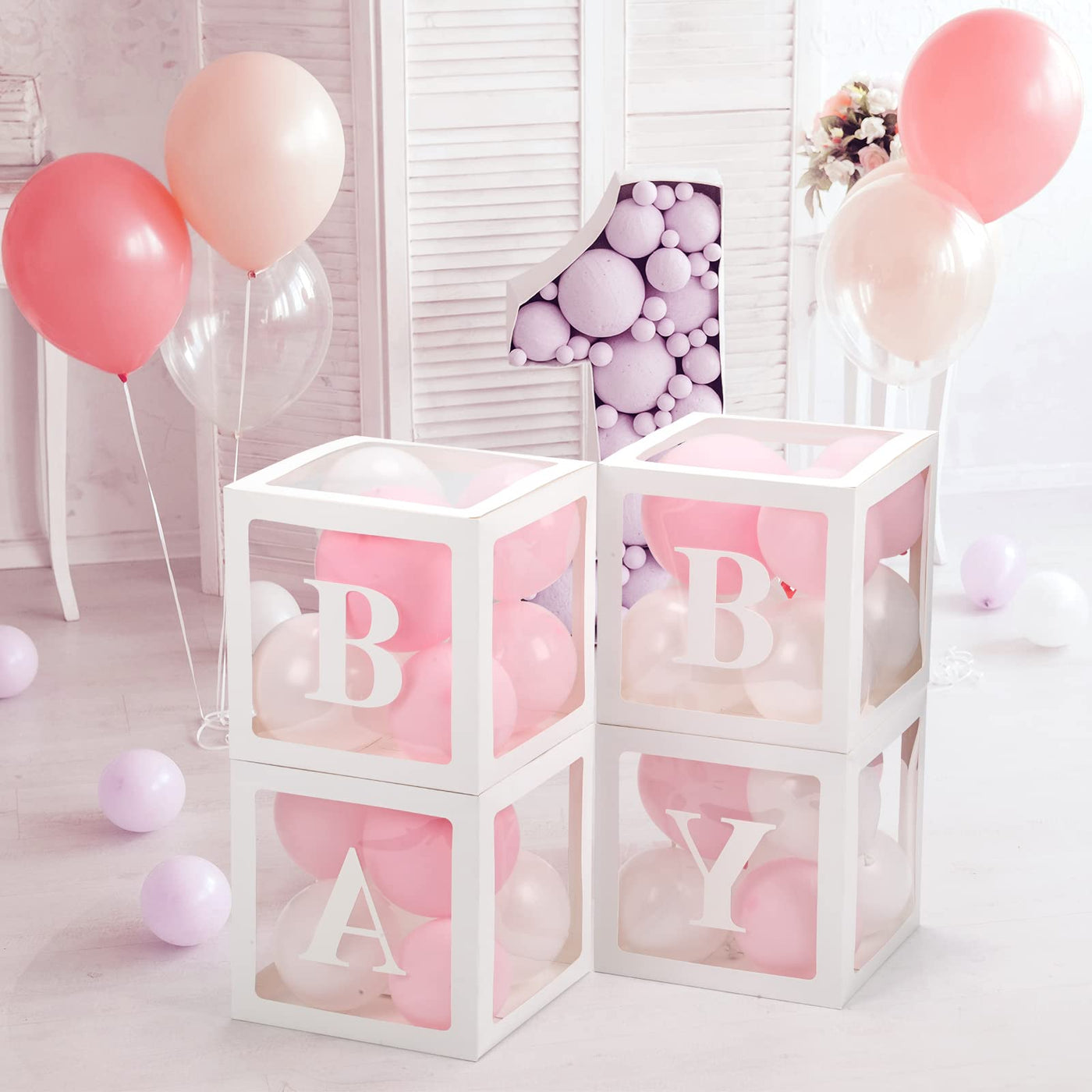 Baibi Wise Baby Boxes with Letters, 4 Transparent Balloon for Gender Reveal Birthday Wedding Baby Shower Decorations (White)