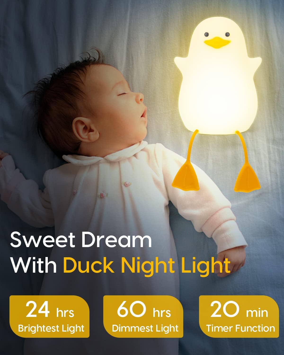 Baibi Wise Amaredom Cute Duck Night Light, Squishy Duck Lamp, Silicone Dimmable Nursery Nightlight, Rechargeable LED Bedside Lamp with 20 Minutes Timer & Tap Control for Kids Baby Toddler Decor Bedrooms