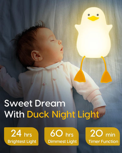 Baibi Wise Amaredom Cute Duck Night Light, Squishy Duck Lamp, Silicone Dimmable Nursery Nightlight, Rechargeable LED Bedside Lamp with 20 Minutes Timer & Tap Control for Kids Baby Toddler Decor Bedrooms