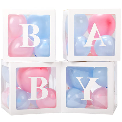 Baibi Wise Baby Boxes with Letters, 4 Transparent Balloon for Gender Reveal Birthday Wedding Baby Shower Decorations (White)