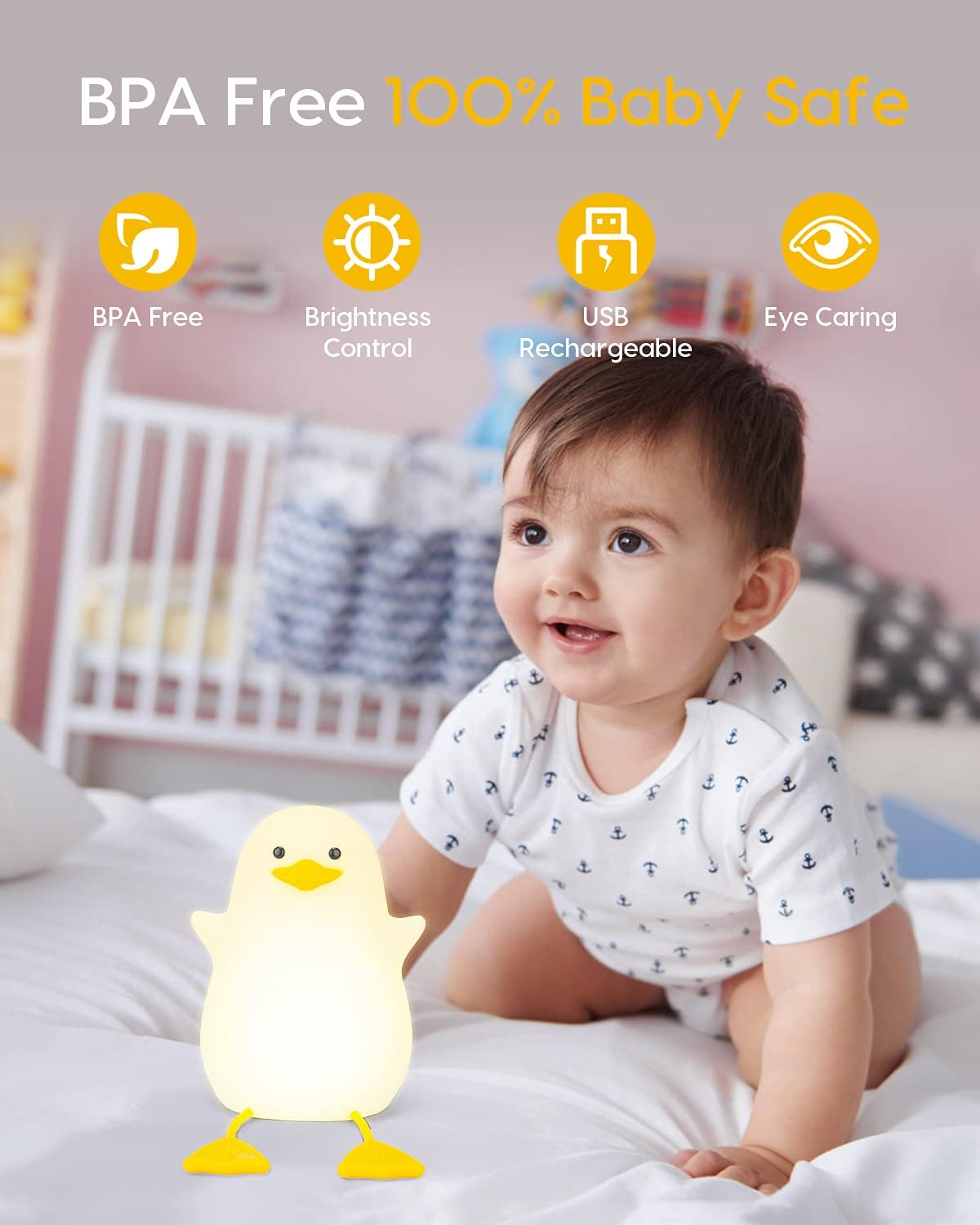 Baibi Wise Amaredom Cute Duck Night Light, Squishy Duck Lamp, Silicone Dimmable Nursery Nightlight, Rechargeable LED Bedside Lamp with 20 Minutes Timer & Tap Control for Kids Baby Toddler Decor Bedrooms