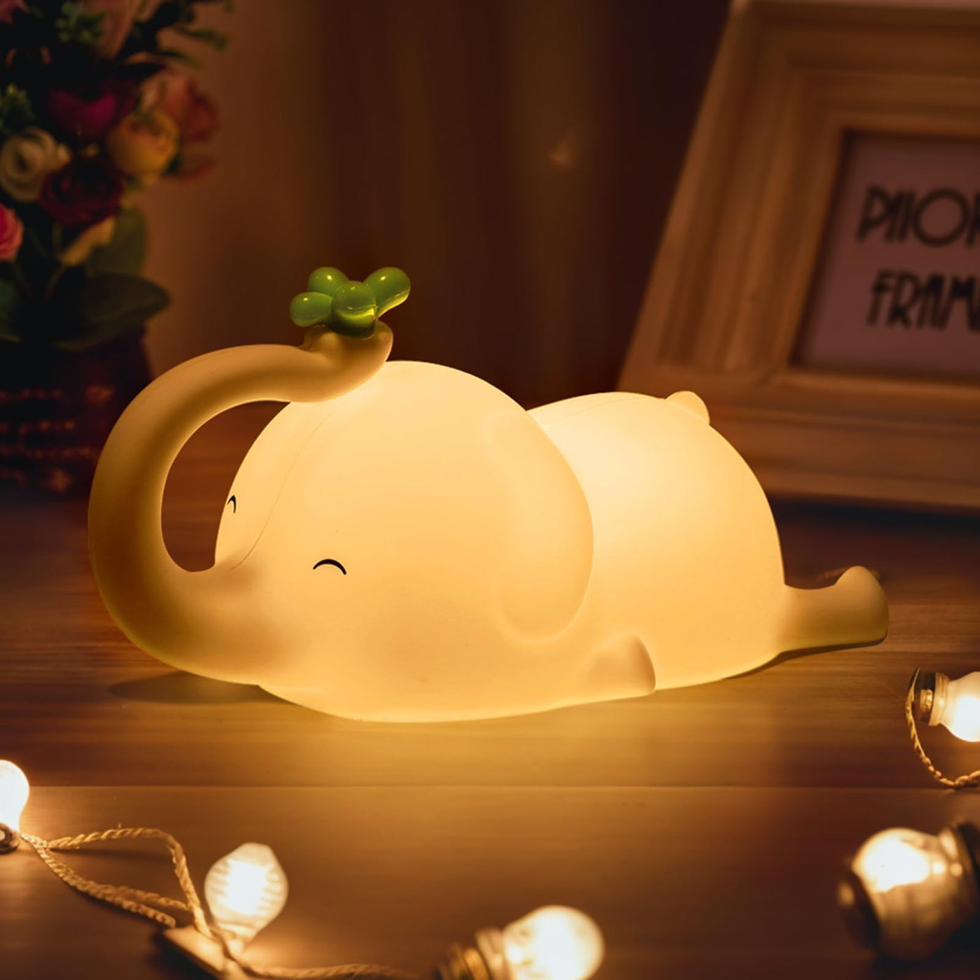 Baibi Wise Silicone Elephant Night Light for Kids - 3-Level Dimmable & Rechargeable LED Lamp, Touch Control Soft Animal Light for Nursery, Baby Room Decor