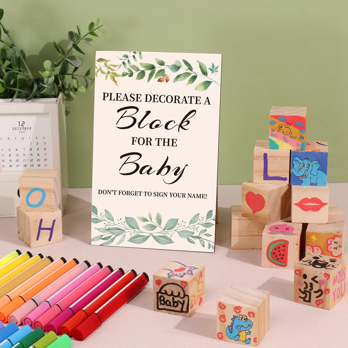 BAIBI WISE Baby Shower Game Sign Kit with 50 Blank Wooden Baby Blocks, 24 Acrylic Paint Marker and Wooden Baby Shower Sign, Baby Shower Game Set for Baby Shower Prize, Gender Reveals Party(Woodland)