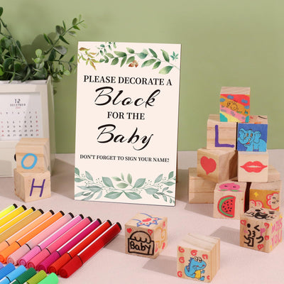 BAIBI WISE Baby Shower Game Sign Kit with 50 Blank Wooden Baby Blocks, 24 Acrylic Paint Marker and Wooden Baby Shower Sign, Baby Shower Game Set for Baby Shower Prize, Gender Reveals Party(Woodland)