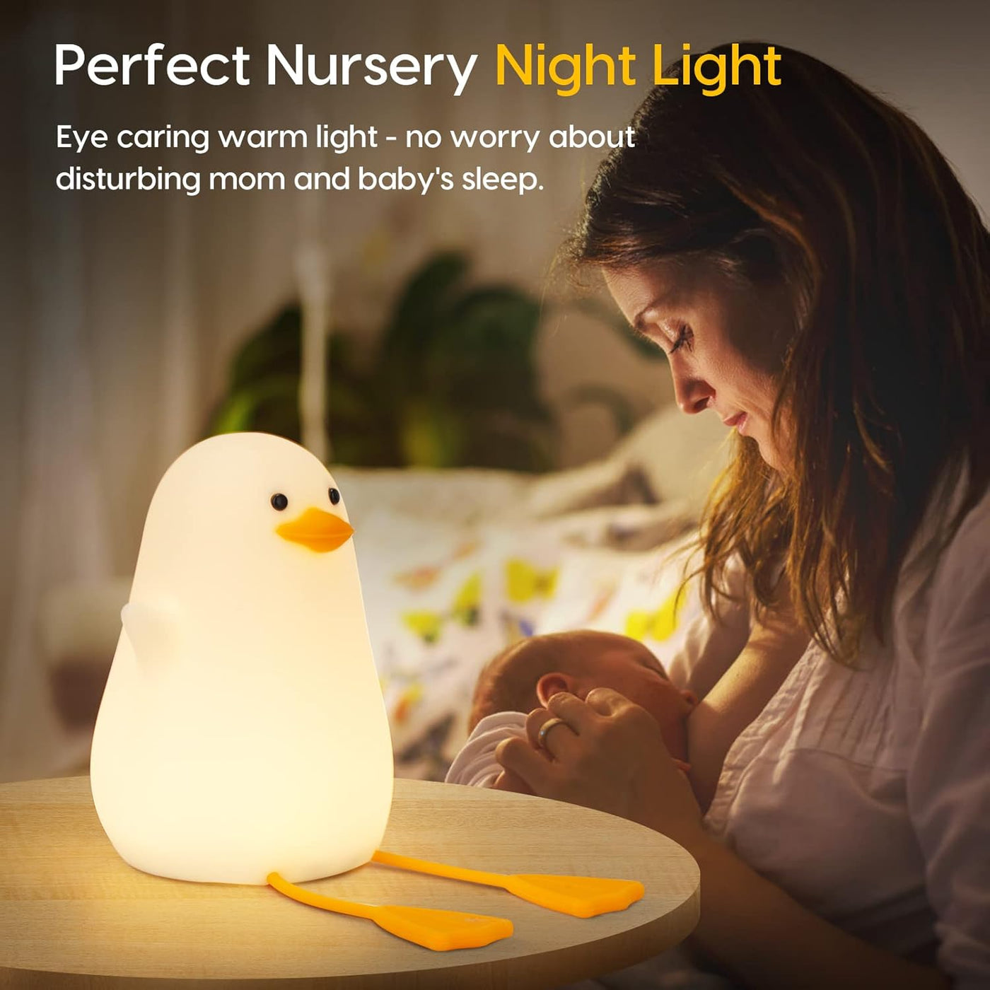 Baibi Wise Amaredom Cute Duck Night Light, Squishy Duck Lamp, Silicone Dimmable Nursery Nightlight, Rechargeable LED Bedside Lamp with 20 Minutes Timer & Tap Control for Kids Baby Toddler Decor Bedrooms