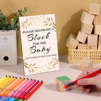 BAIBI WISE Baby Shower Game Sign Kit with 50 Blank Wooden Baby Blocks, 24 Acrylic Paint Marker and Wooden Baby Shower Sign, Baby Shower Game Set for Baby Shower Prize, Gender Reveals Party(Woodland)