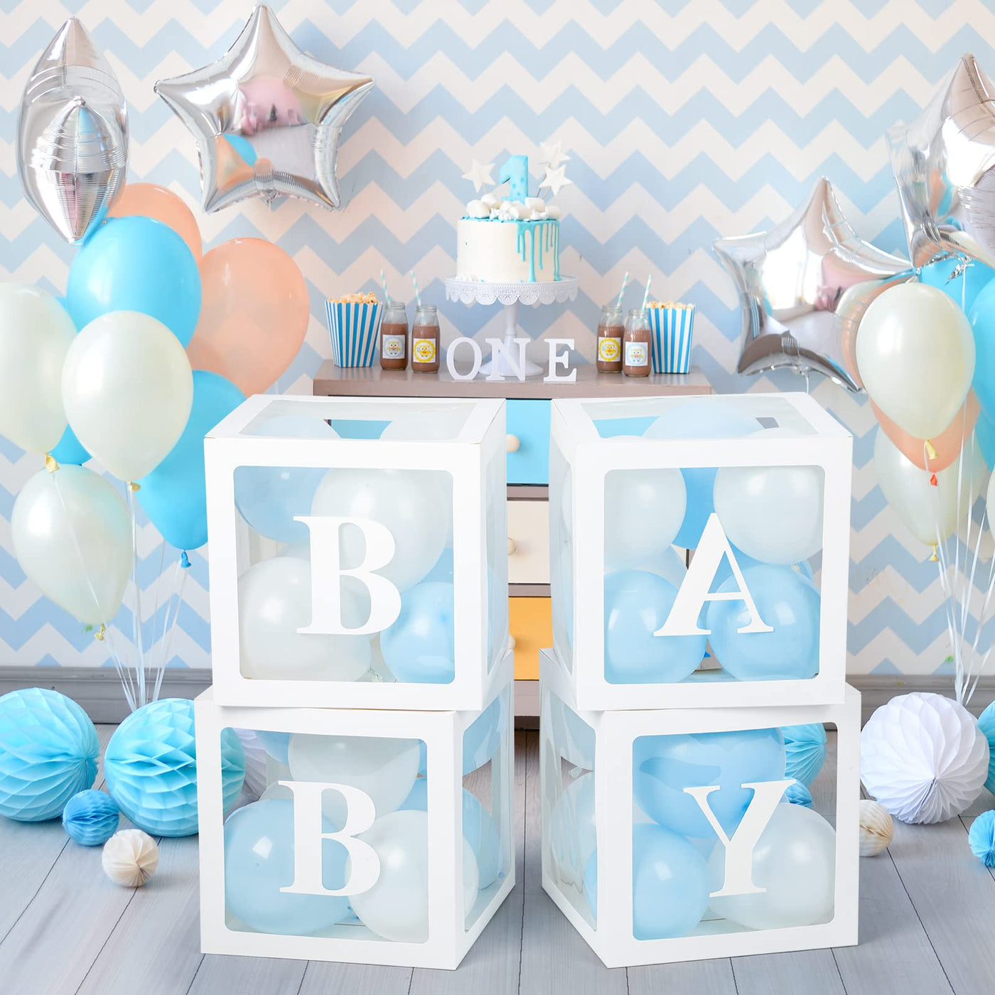 Baibi Wise Baby Boxes with Letters, 4 Transparent Balloon for Gender Reveal Birthday Wedding Baby Shower Decorations (White)