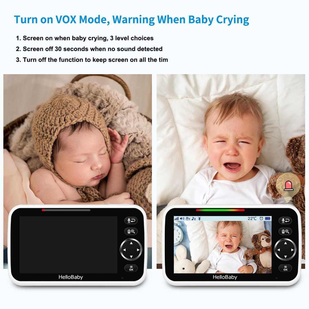 BAIBI WISE  Upgrade Baby Monitor, 5'' Screen with 30-Hour Battery, Pan-Tilt-Zoom Video Baby Monitor with Camera and Audio No WiFi, Night Vision, VOX, 2-Way Talk, 8 Lullabies and 1000ft Range