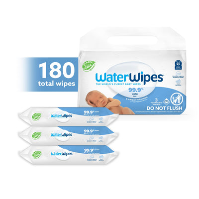 Baibi Wise WaterWipes Plastic-Free Original Baby Wipes, 99.9% Water Based Wipes, Unscented & Hypoallergenic for Sensitive Skin, 60 Count (Pack of 12), Packaging May Vary