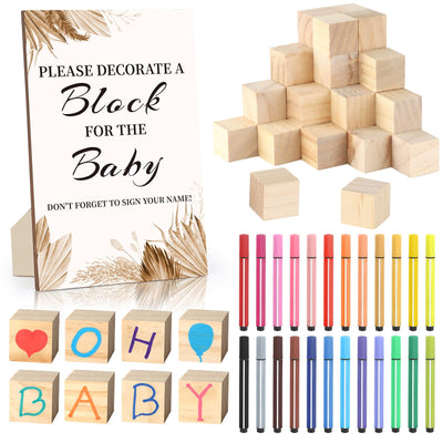 BAIBI WISE Baby Shower Game Sign Kit with 50 Blank Wooden Baby Blocks, 24 Acrylic Paint Marker and Wooden Baby Shower Sign, Baby Shower Game Set for Baby Shower Prize, Gender Reveals Party(Woodland)