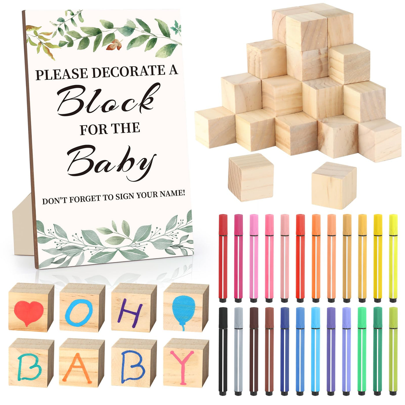 BAIBI WISE Baby Shower Game Sign Kit with 50 Blank Wooden Baby Blocks, 24 Acrylic Paint Marker and Wooden Baby Shower Sign, Baby Shower Game Set for Baby Shower Prize, Gender Reveals Party(Woodland)