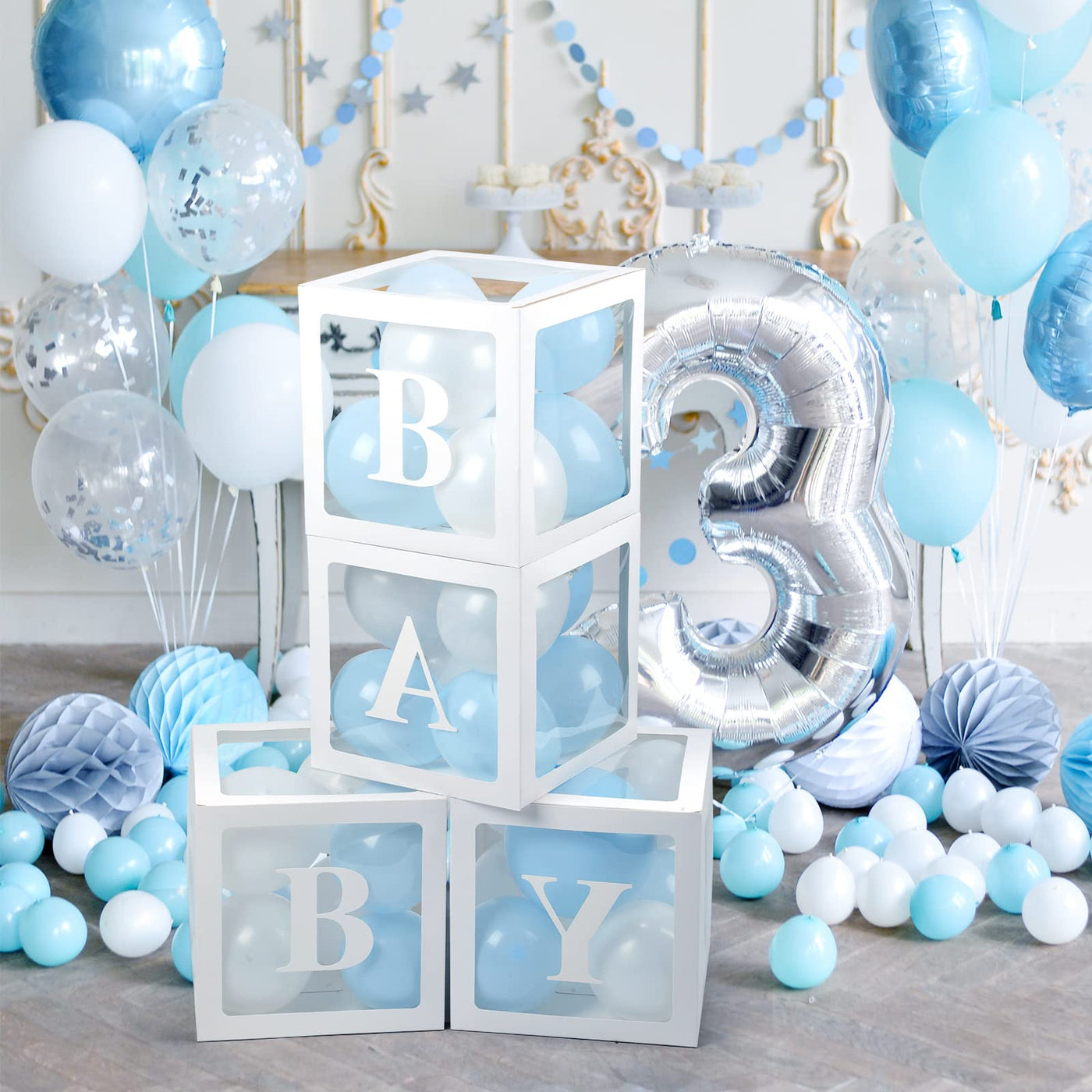 Baibi Wise Baby Boxes with Letters, 4 Transparent Balloon for Gender Reveal Birthday Wedding Baby Shower Decorations (White)