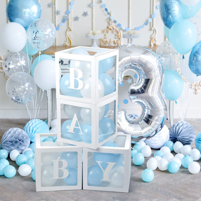 Baibi Wise Baby Boxes with Letters, 4 Transparent Balloon for Gender Reveal Birthday Wedding Baby Shower Decorations (White)