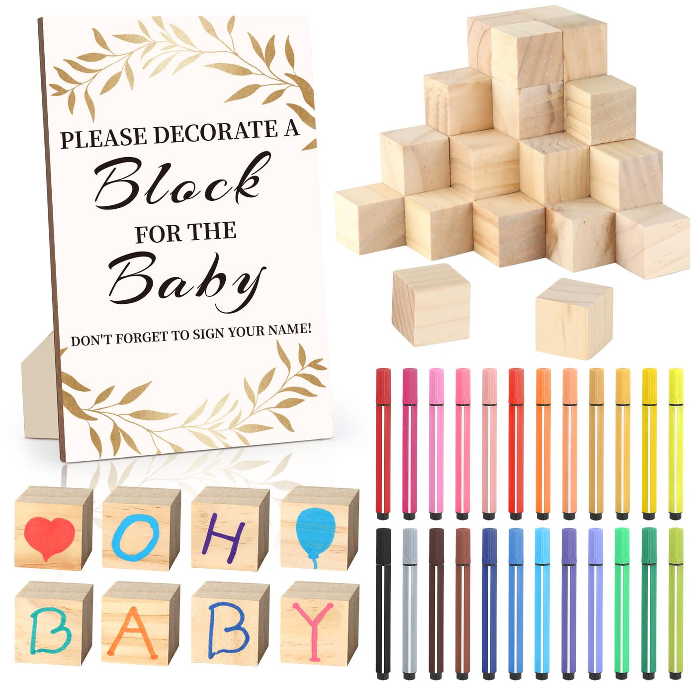 BAIBI WISE Baby Shower Game Sign Kit with 50 Blank Wooden Baby Blocks, 24 Acrylic Paint Marker and Wooden Baby Shower Sign, Baby Shower Game Set for Baby Shower Prize, Gender Reveals Party(Woodland)