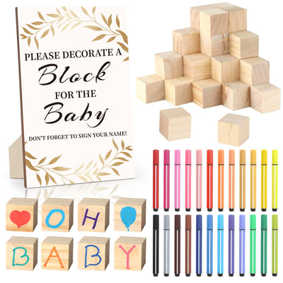 BAIBI WISE Baby Shower Game Sign Kit with 50 Blank Wooden Baby Blocks, 24 Acrylic Paint Marker and Wooden Baby Shower Sign, Baby Shower Game Set for Baby Shower Prize, Gender Reveals Party(Woodland)