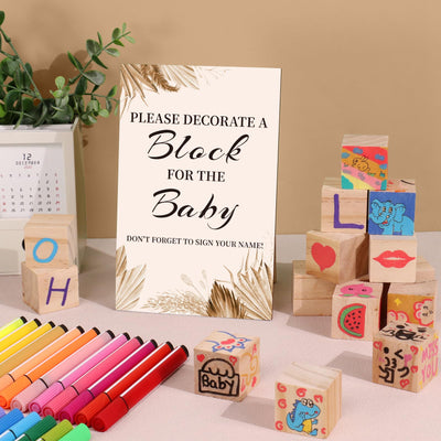 BAIBI WISE Baby Shower Game Sign Kit with 50 Blank Wooden Baby Blocks, 24 Acrylic Paint Marker and Wooden Baby Shower Sign, Baby Shower Game Set for Baby Shower Prize, Gender Reveals Party(Woodland)