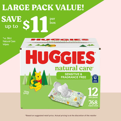 Baibi Wise by Huggies Natural Care Sensitive Baby Wipes, Unscented, Hypoallergenic, 99% Purified Water, 12 Flip-Top Packs (768 Wipes Total), Packaging May Vary