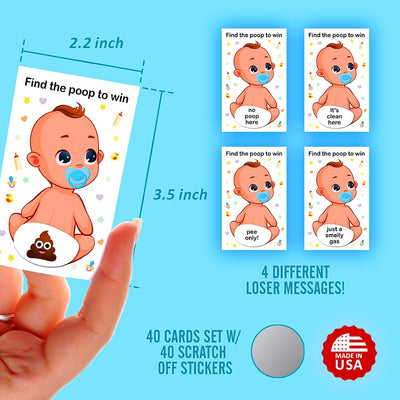 Baibi Wise Baby Shower Boy Scratch Off Poop Game, Easy to Play Silly Games, Funny Idea, Ice Breaker Activity. Raffle Cards, Blue Pacifier, Set of 40 Cards Made in USA