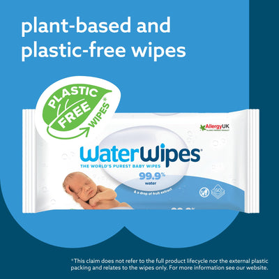 Baibi Wise WaterWipes Plastic-Free Original Baby Wipes, 99.9% Water Based Wipes, Unscented & Hypoallergenic for Sensitive Skin, 60 Count (Pack of 12), Packaging May Vary