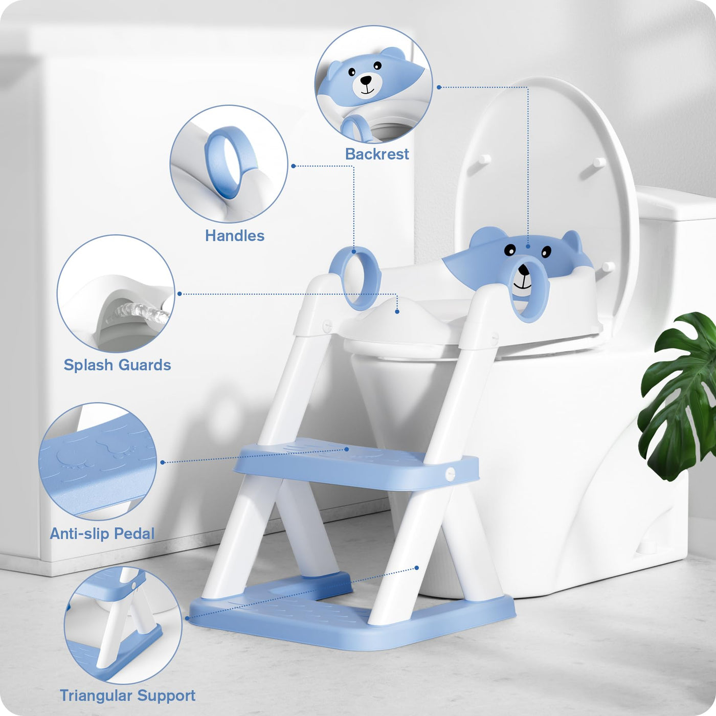 Baibi Wise Potty Training Seat, Upgrade Toddler Toilet Seat for Kids Boys Girls, 2 in 1 Potty Training Toilet for Kids, Splash Guard Anti-Slip Pad Step Stool（Blueyellow）