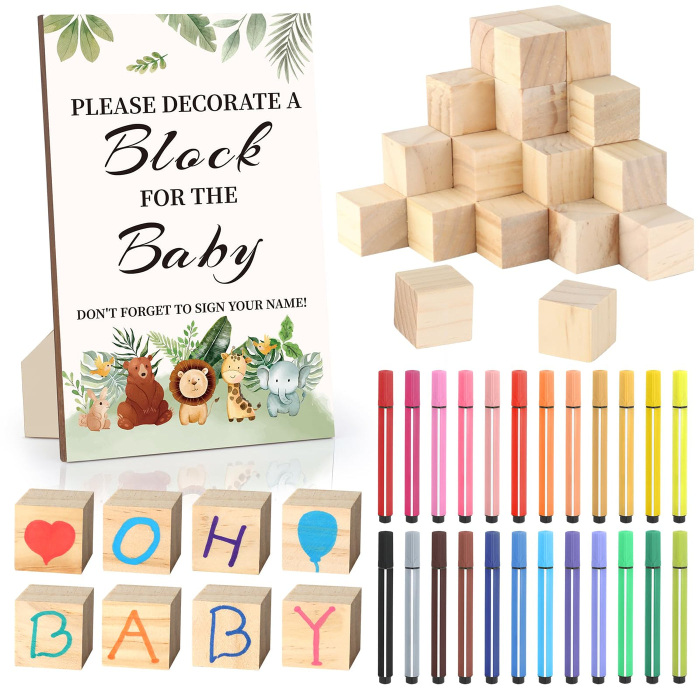 BAIBI WISE Baby Shower Game Sign Kit with 50 Blank Wooden Baby Blocks, 24 Acrylic Paint Marker and Wooden Baby Shower Sign, Baby Shower Game Set for Baby Shower Prize, Gender Reveals Party(Woodland)