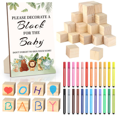 BAIBI WISE Baby Shower Game Sign Kit with 50 Blank Wooden Baby Blocks, 24 Acrylic Paint Marker and Wooden Baby Shower Sign, Baby Shower Game Set for Baby Shower Prize, Gender Reveals Party(Woodland)