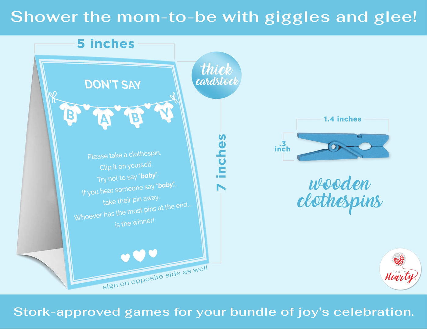 BAIBI WISE Party Hearty Baby Shower Games for Boy, Don't Say Baby Game,1 Sign and 50 Mini Blue Clothespins, Don't Say Baby Baby Shower Game, Baby Shower Ideas