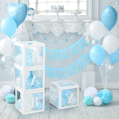 Baibi Wise Baby Boxes with Letters, 4 Transparent Balloon for Gender Reveal Birthday Wedding Baby Shower Decorations (White)