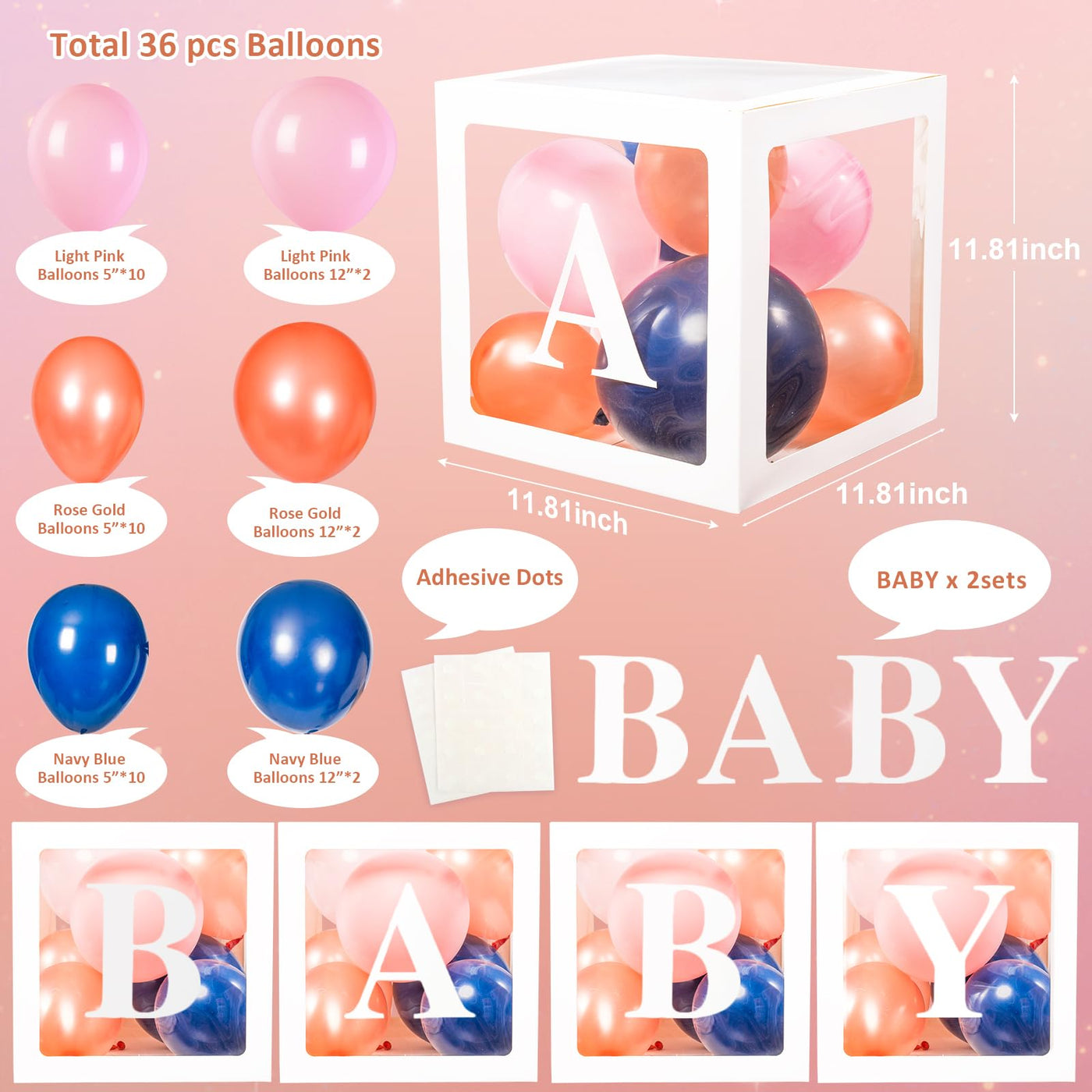 Baibi Wise Baby Boxes with Letters, 4 Transparent Balloon for Gender Reveal Birthday Wedding Baby Shower Decorations (White)