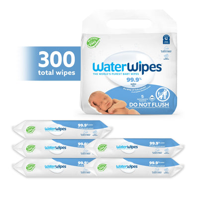 Baibi Wise WaterWipes Plastic-Free Original Baby Wipes, 99.9% Water Based Wipes, Unscented & Hypoallergenic for Sensitive Skin, 60 Count (Pack of 12), Packaging May Vary