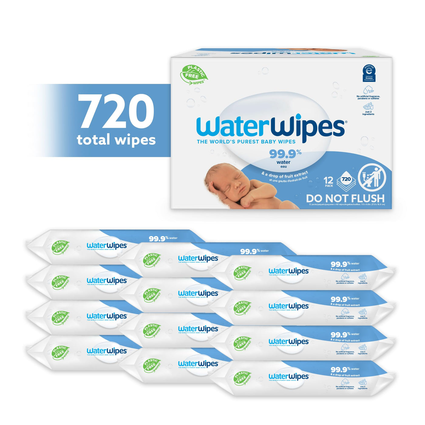 Baibi Wise WaterWipes Plastic-Free Original Baby Wipes, 99.9% Water Based Wipes, Unscented & Hypoallergenic for Sensitive Skin, 60 Count (Pack of 12), Packaging May Vary