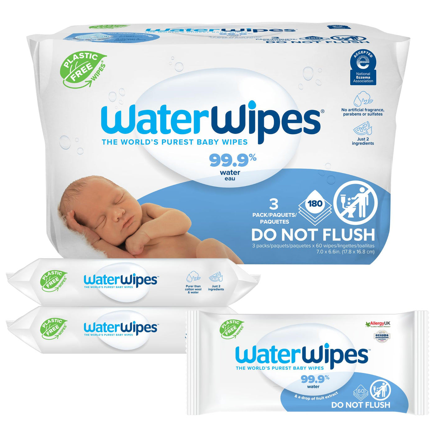 Baibi Wise WaterWipes Plastic-Free Original Baby Wipes, 99.9% Water Based Wipes, Unscented & Hypoallergenic for Sensitive Skin, 60 Count (Pack of 12), Packaging May Vary