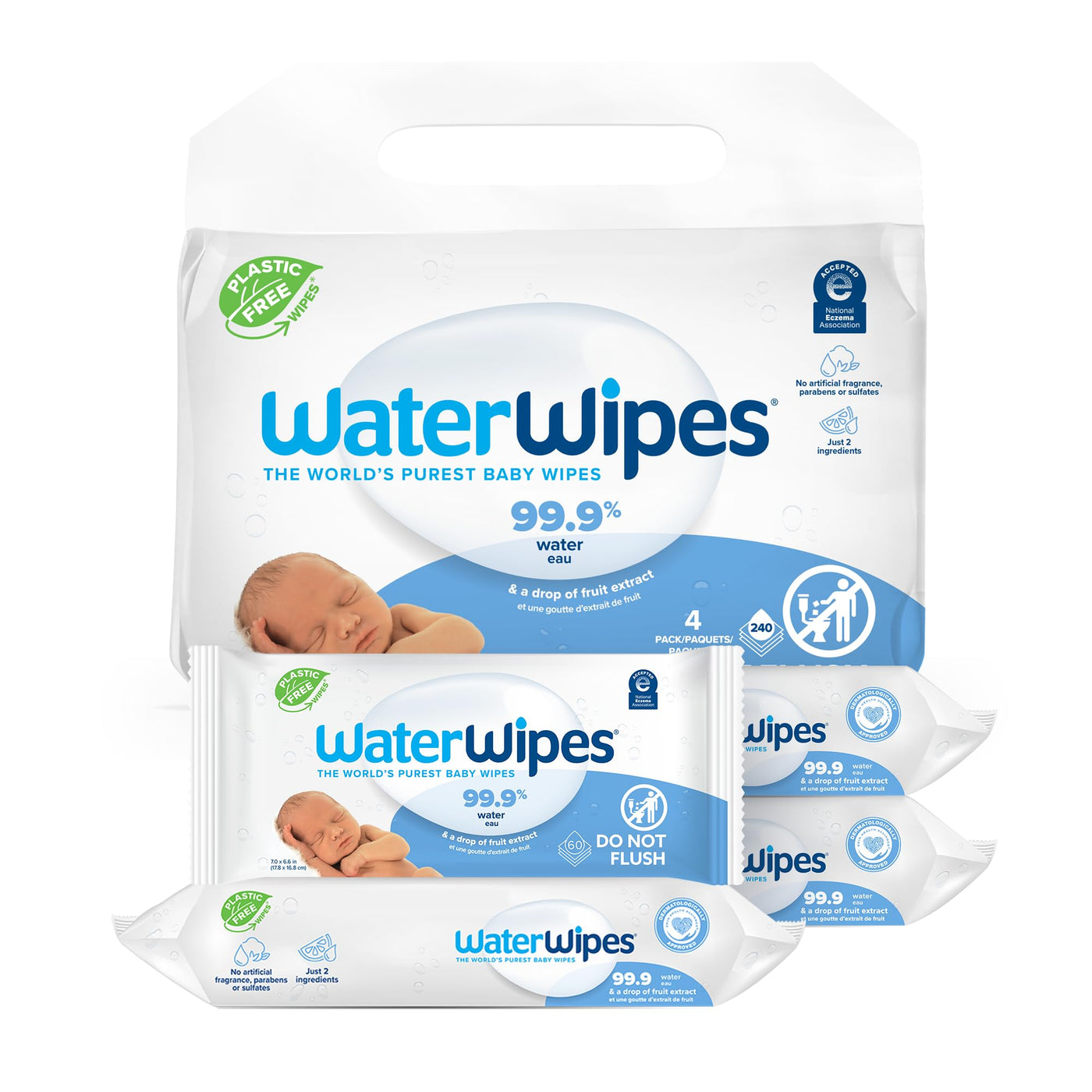 Baibi Wise WaterWipes Plastic-Free Original Baby Wipes, 99.9% Water Based Wipes, Unscented & Hypoallergenic for Sensitive Skin, 60 Count (Pack of 12), Packaging May Vary