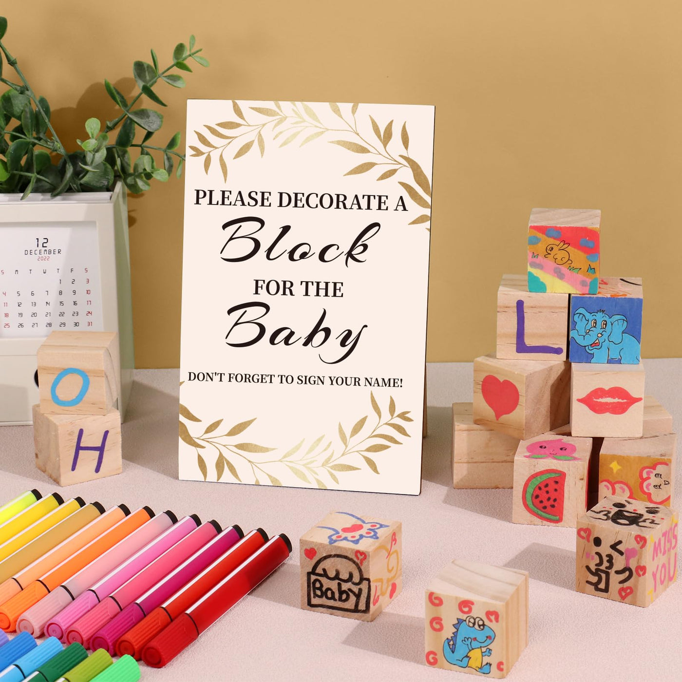 BAIBI WISE Baby Shower Game Sign Kit with 50 Blank Wooden Baby Blocks, 24 Acrylic Paint Marker and Wooden Baby Shower Sign, Baby Shower Game Set for Baby Shower Prize, Gender Reveals Party(Woodland)