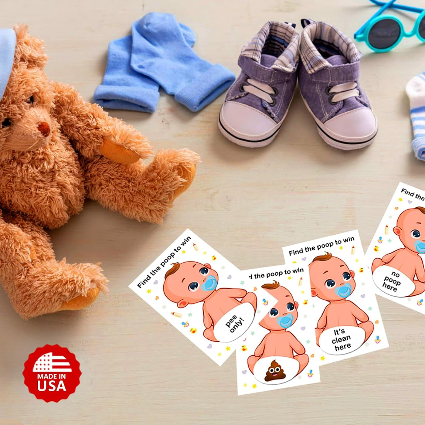 Baibi Wise Baby Shower Boy Scratch Off Poop Game, Easy to Play Silly Games, Funny Idea, Ice Breaker Activity. Raffle Cards, Blue Pacifier, Set of 40 Cards Made in USA