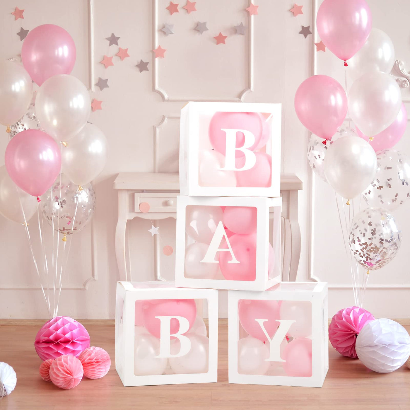 Baibi Wise Baby Boxes with Letters, 4 Transparent Balloon for Gender Reveal Birthday Wedding Baby Shower Decorations (White)