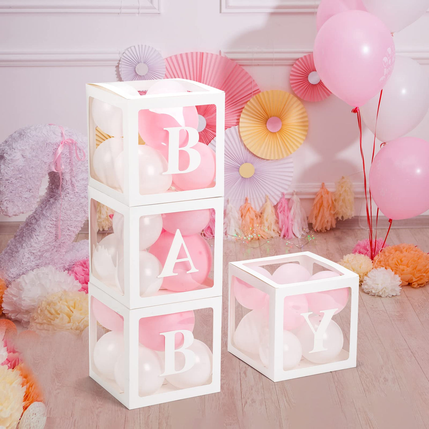 Baibi Wise Baby Boxes with Letters, 4 Transparent Balloon for Gender Reveal Birthday Wedding Baby Shower Decorations (White)